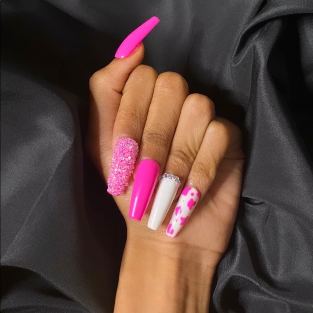 Long Coffin Shape Pink and White Press On Nails With Cow Print On The Pinky Nail